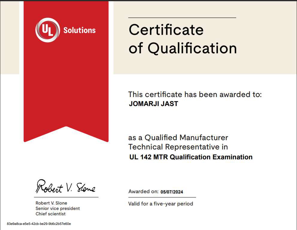 UL Solutions Certificate of Qualification: Jomarji Jast, Qualified Manufacturer Technical Representative, UL 142, awarded 5 July 2024